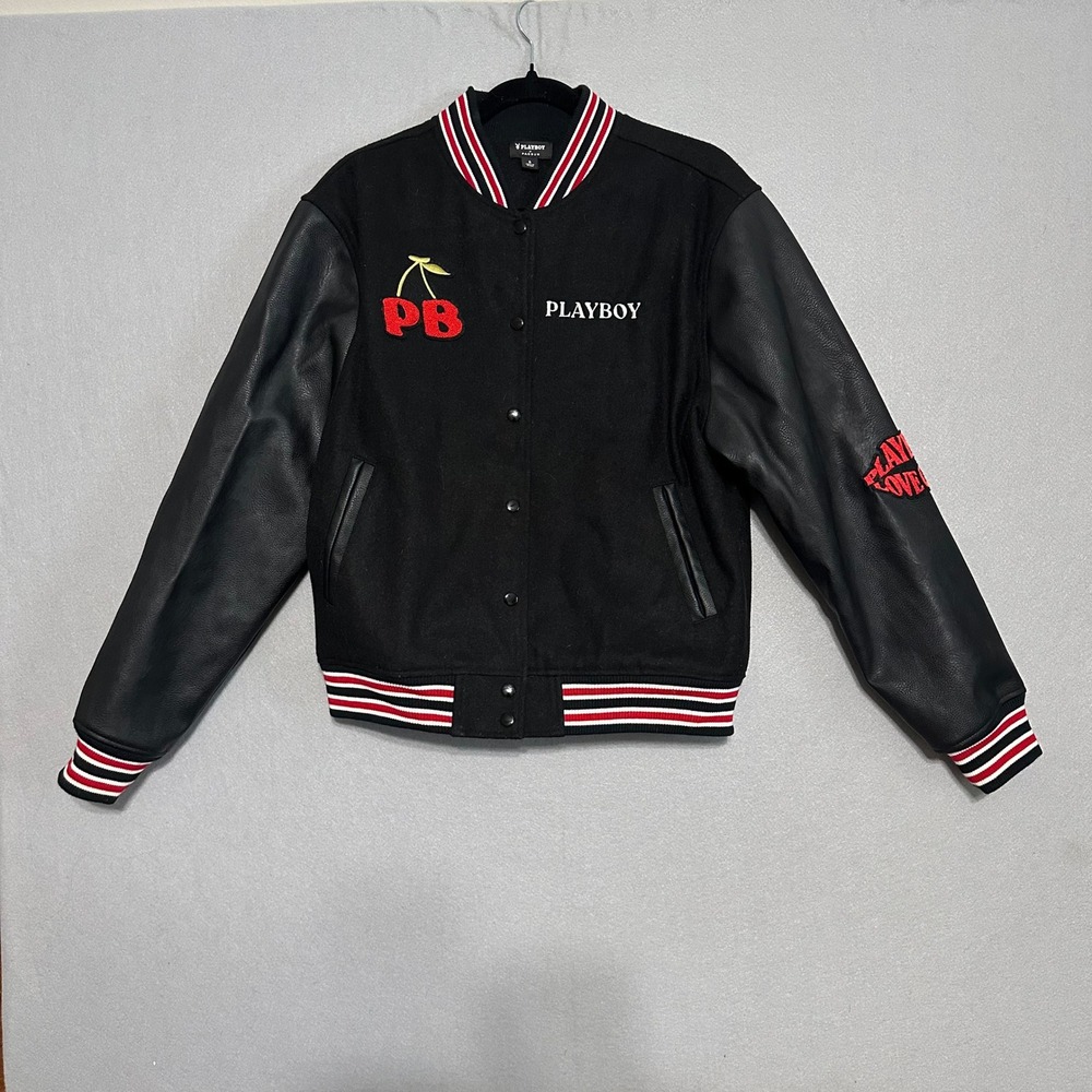 Playboy Love Club Varsity Bomber Jacket Faux Leather Sleeves Black Y2K